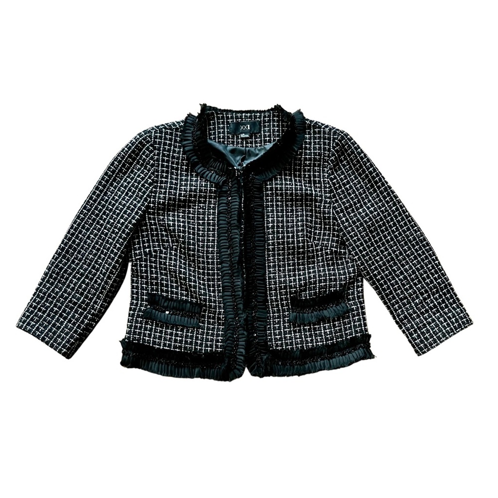 Cropped Boxy Black and White Cocktail Jacket w/Beading and Ruffles Old Money